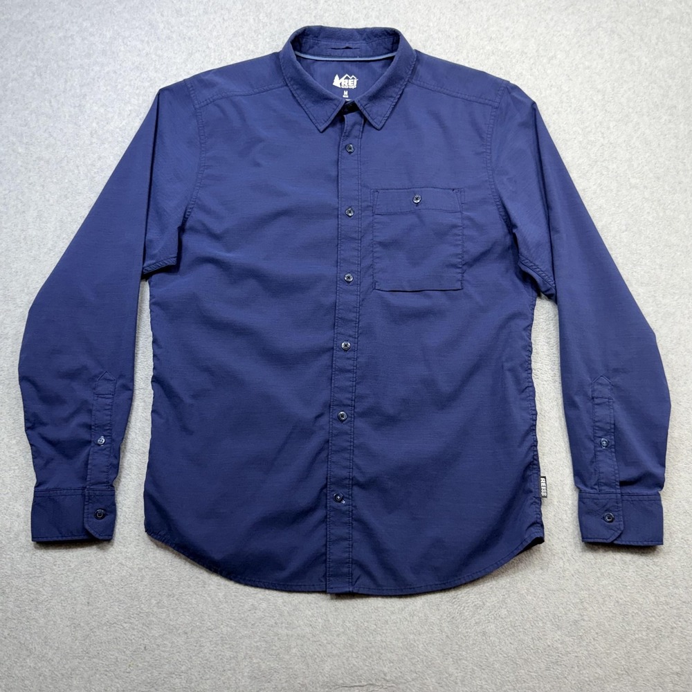 REI Co-op Shirt Mens Medium Blue Long Sleeve Button Outdoor Hiking Travel Nature